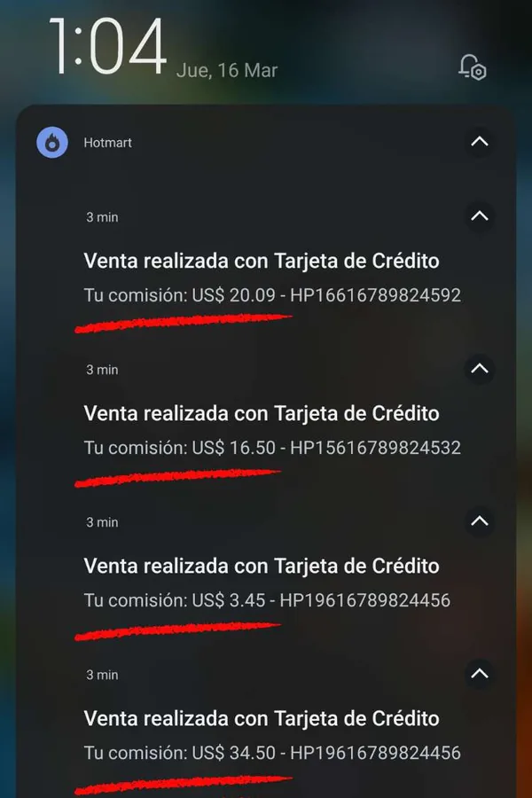 Cuatro notificaciones de venta de Hotmart en tres minutos