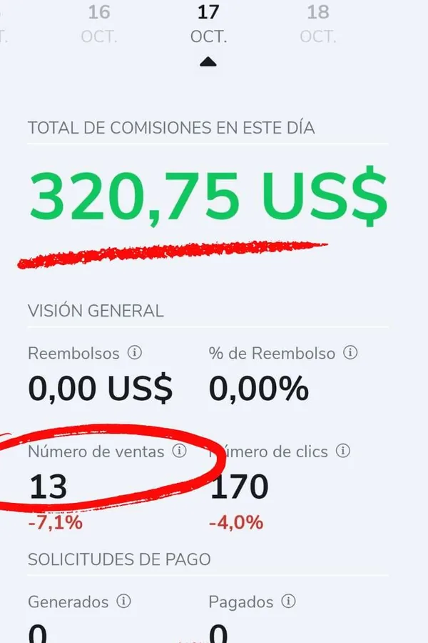 Panel de Hotmart mostrando 320,75 US$ de comisiones en un día